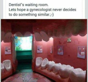 Dentist waiting room with real life sized teeth as seating chairs